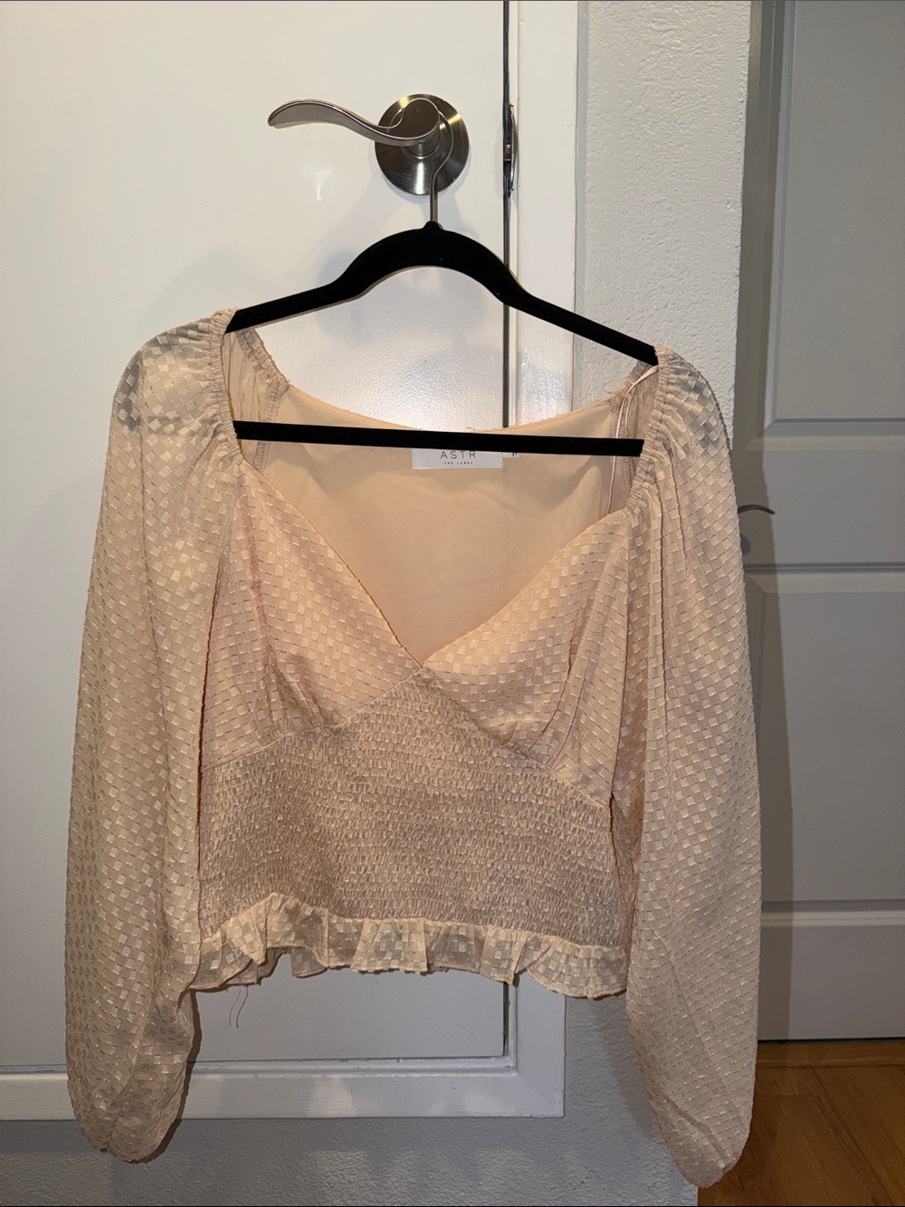 Astr Pale Peach Textured Smocked Crop Blouse